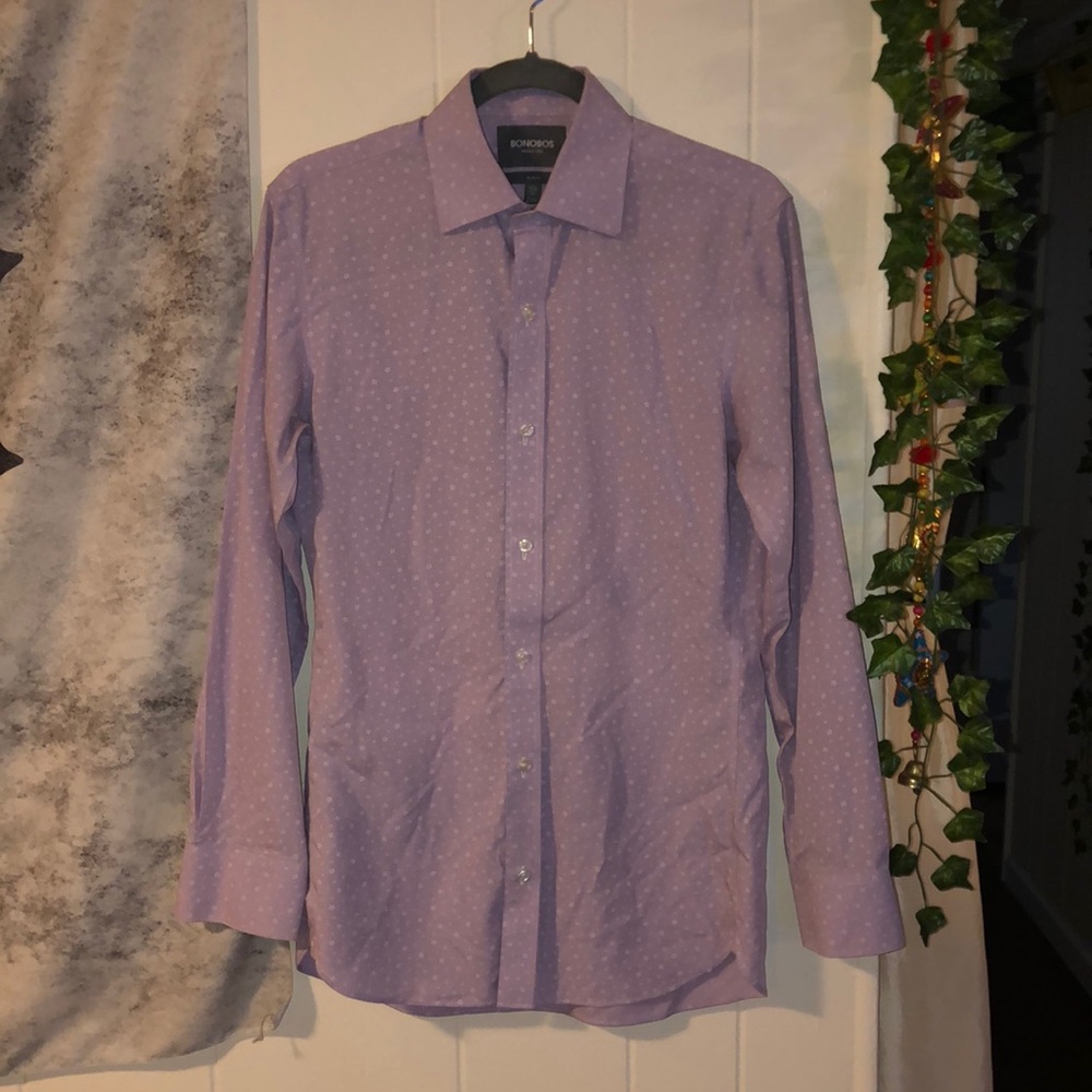 Bonobos Men’s Wrinkle Free Purple Button Down Shirt w/ White Flowers Slim Fit